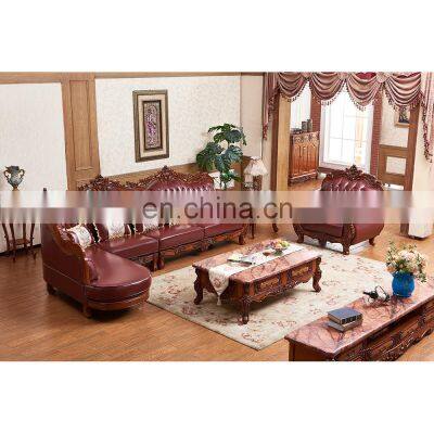 European Italian style luxury solid wood genuine leather living room chaise longue sofa set furniture