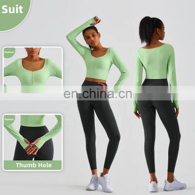 Ribbed Custom Semi Fixed Cups Yoga Crop Tops Long Sleeve High Impact Women Sports Bras photo-4
