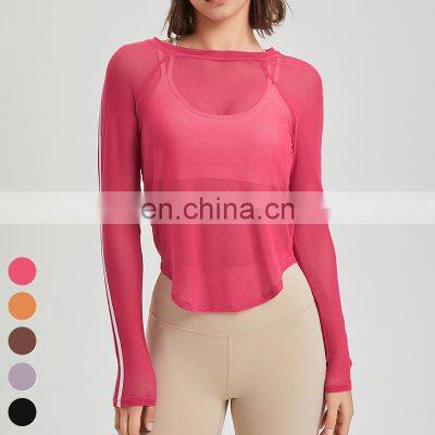 Breathable Quick Dry Gym Fitness Running Tshirt Sports Tops Long Sleeve Mesh Lightweight Yoga T-Shirt Blouse For Women photo-3