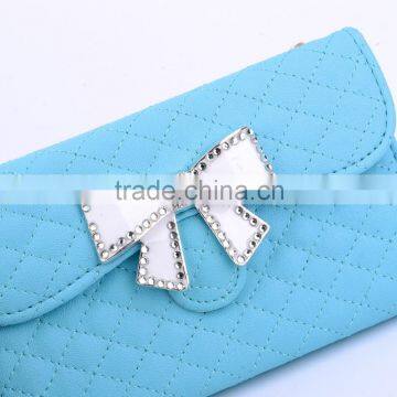 Wallet Design Bright Grid Handbag Magnetic Flip PC PU Leather Case for Samsung Galaxy S6 With Rhinestone Bowknot Buckle