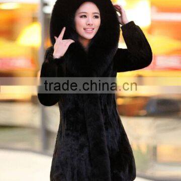 Women's 100% Genuine Mink Fur Coat with Big Fox Fur Collar