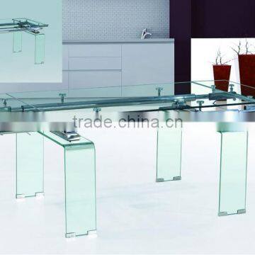 2015 modern hot selling unique design tempered bent glass extension dining table