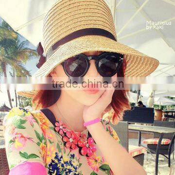 Wholesale promotional straw panama caps with ribbon fashion wide brim hat