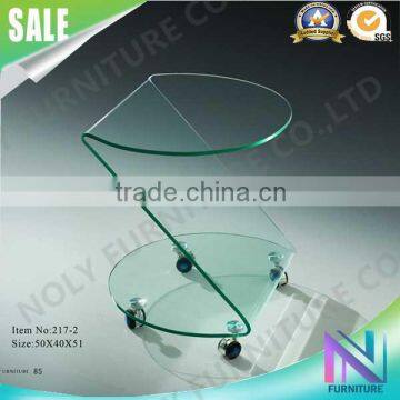 Modern design gardon clear stylish movable bent glass Coffee table swivel with wheels