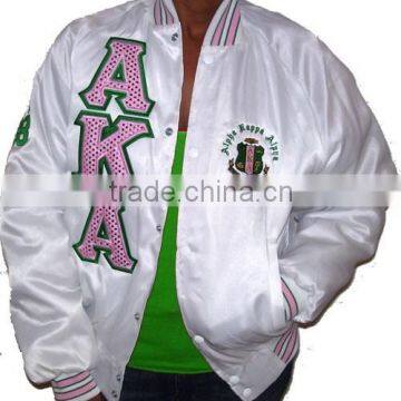 white satin custom bomber jackets with custom embroidery