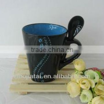 11oz Inner Blue Glazed Bottom Square Decaled Ceramic Cappuccino Mug with Spoon