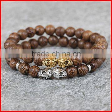 KJL-0116 New Arrival Natural Wood Gold And Silver Plated Double Skull Head Bracelet, 100% Wood Buddhist Bracelet,Meditation Jewe