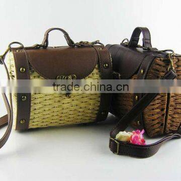antique lady hand made straw beach bag with leather handle