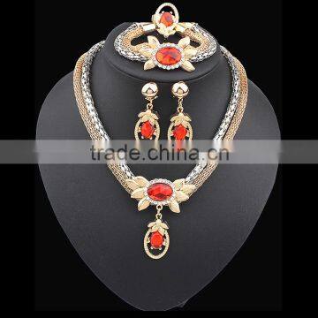 Gold Plated Pendant Statement Crystal Necklace Earrings Bracelet Rings set for Wedding Jewelry