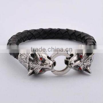 Mens Leather and Metal Stainless Steel Skull Bracelet(FB20018)