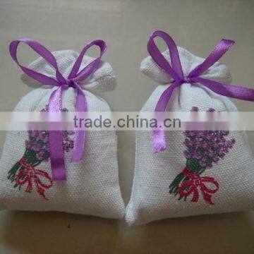 Cotton linen embroidery lavender drawstring bags with silk ribbon