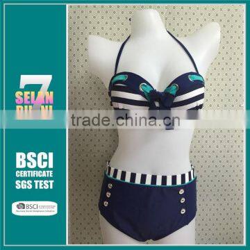 New Wholesale 2015 blue strip bikini sets Lady hot sexy print swimwear push up bikini