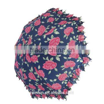 Flower printing beautiful girl long umbrella with lace parasol