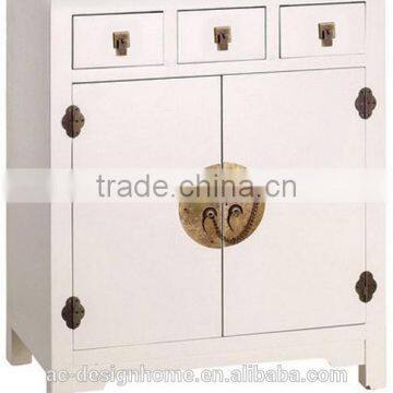 CREAM ORIENTAL WOODEN CABINET W/2 DOORS & 3 DRAWERS