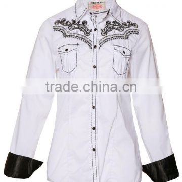 Womens cotton poplin white long sleeve shirt with heavy emboridery,button up shirt with two chest pockets,roll up the sleeves