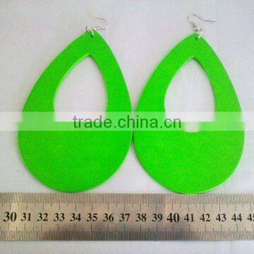 neon green wood hoop earrings large size hollowed out teardrop wood earring