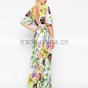 Backless Half Sleeve Floral Print Maxi Dress Cheap Evening Dress photo-2