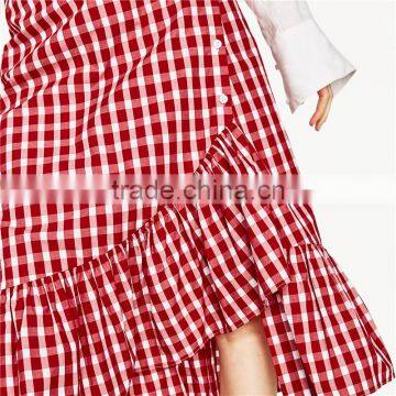 2017 NewestFront Button Fastening Red Plaid Skirt With Frill Detail photo-5