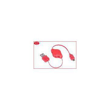 Red Flat PU USB To Micro USB Two Way Retractable Cable 0.8*2.4 mm