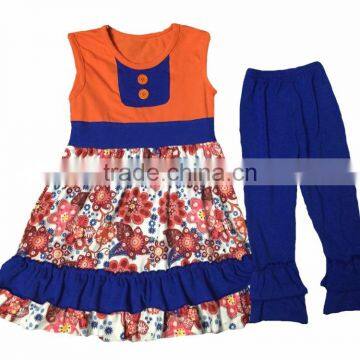 China suppliers Halloween children outfits ruffle sets dress and pants 2 orange buttons summer clothes