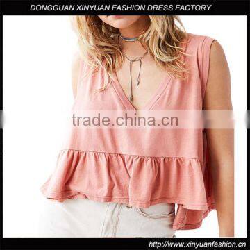 Fashion Women V Neck Casual Ruflle Crop Top Shirts Blouse Ladies Custom Sexy Tank Top