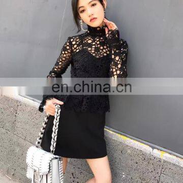 Ladies Formal Wear Women Long Sleeve Black Pelpum Lace Turtleneck Dresses photo-6