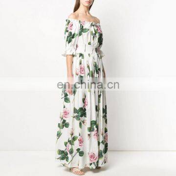 TWOTWINSTYLE Floral Print Dress Women Slash Neck Flare Short Sleeve High Waist Off Shoulder Casual photo-4