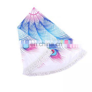 China Manufacturer Recyclable Peacock Feathers Printed Large Microfiber Towels Custom Round Beach Towel With Tassels