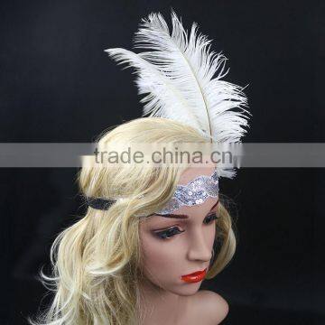 Wholesale Handmade Halloween Flapper Sequin Headpiece White Feather Headband Quality Choice photo-2