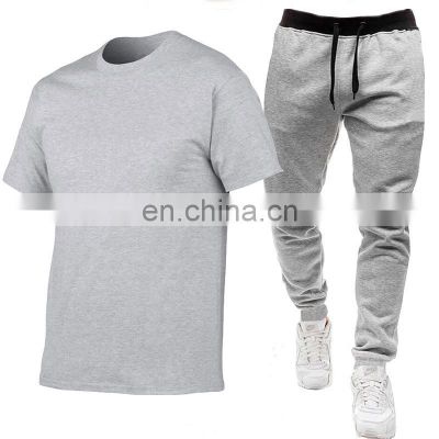 Manufacturer wholesale men's short-sleeved T-shirt +long pants casual running  beach two-piece suit