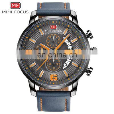 MINI FOCUS MF0025G Popular Casual Quartz Watch Men Chrono 3 dial 6 Hands Leather Strap Waterproof Multifunction Watches for Boy