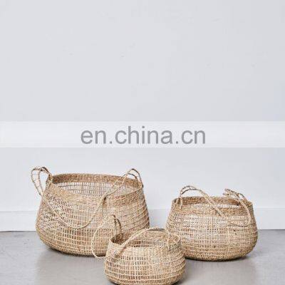 Hot Selling Durable Set of 3 Seagrass Baskets Decor Storage Basket With Long Handle Wholesale