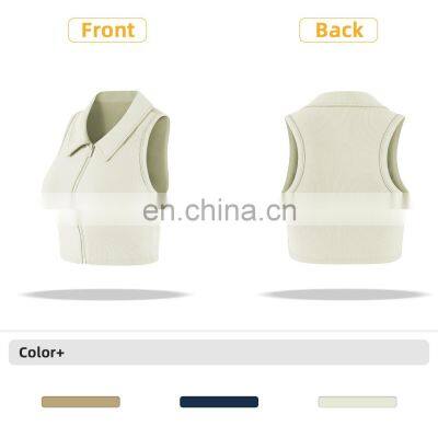 Designer Polo Ribbed Sports Bra With Front Zipper Gym Fitness Women Yoga Tank Tops