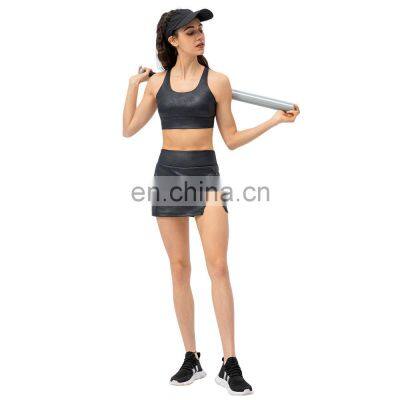 MOQ 1 Pcs Start Bra Match Skirt Two Piece Golf Tennis Yoga Suit Set Women Imitation Leather Workout Running Casual Wear Clothes photo-3