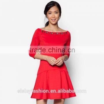 D259 Women long sleeve fashion dress with high qualiyu red color dress wholesale CHINA