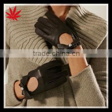 Ladies black driving leather gloves with bowknot 2014