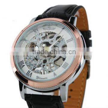 ESS Men's Black Leather Rose Golden Case Skeleton Hand-Wind Up Mechanical Watch WM203