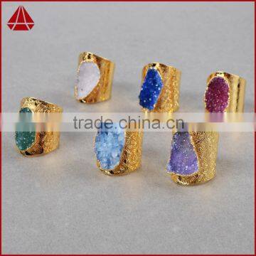 Golden Hammered Wide Druzy Ring Cocktail Ring Adjustable Band Gemstone Ring With Stone photo-5