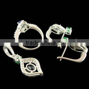 Sterling Silver Pendant,Sterling Silver Ring,Sterling Silver Earring,Silver Set Jewelry Set Zircon Set Natural Emerald Sapphire photo-2