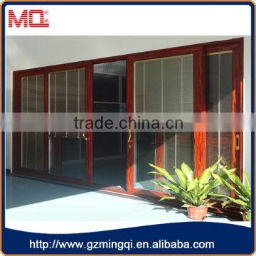 wooden color frame aluminium glass door with manual rolling up down blinds