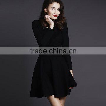 Small MOQ Women's Girls Long Sleeve Casual Slim Fit Flare Pleated Round Neckline Black Dress Manufacturer Factory Guangzhou