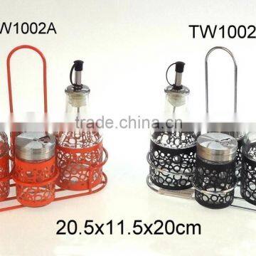 4pcs glass oil vinegar salt pepper set with metal casing (TW1002)