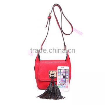 Manufacturer Design Metal With Tassel Detail Flap Trendy Red Lady Across Body Leather Bag photo-6