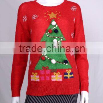 Chinese Product Womens' Round Neck Long Sleeve Pullover Knitted Sweater With Jacquard &beads