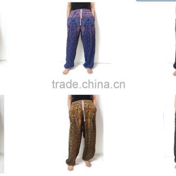 oriental fisherman RETRO INDIE HIPPIE BOHO yoga relax POLKA DOT thai Feather peacock print DRAWSTRING RAYON PANTS