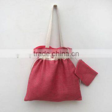 Drawstring Shopping Jute Bag with Strap Handle and Attached Coin Purse