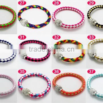 Hotting sale colorful pu leather bracelet/bangle ,rhinestone magnetic buckle leather bracelet woman