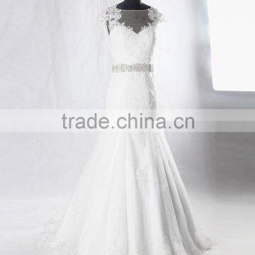 RSW928 Cap Sleeves Illusion Neckline See Through Back Lace Wedding Dresses Mermaid With Detachable Train