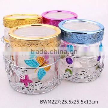 4pcs glass jar set with hand drawing in a silver rack