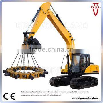 Excavator mounted hydraulic breaker for round concrete piles